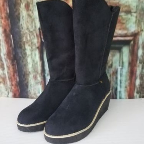 Unbranded Shoes - Black Microfiber Wedge Boots mid calf Sz 8